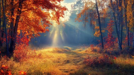 97.Backlight at dawn, autumn meadow, harmony of colors, play of morning light, autumn background, dew: