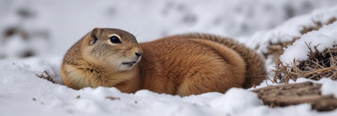 Ground squirrel curled up in the snowy burrow, snowy burrow, cold climate
