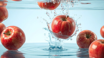 3D render of vibrant red apples falling into colored blue water, creating dynamic splashes and ripples, isolated on white background, 8K resolution