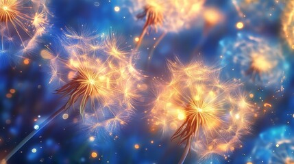 Fototapeta premium 110.Macro close-up of fluffy dandelion seeds illuminated by soft backlight; each delicate thread glows, creating a radiant effect that highlights the intricate details and fragile beauty of the seeds.