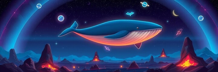 Fototapeta premium Fantasy dream space fairy tale background with huge flying whale, neon sky, alien planet, rocks, craters, glowing lava cartoon vector illustration, background, whale, cartoon