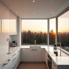 White Kitchenette with Chrome Appliances and Window View