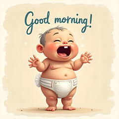 cute chubby baby laughing with isolated background and word good morning,