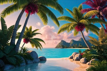 Fototapeta premium Tropical Oasis Serenity with Lush Palm Branches in Amazing 3D Graphic Renderings