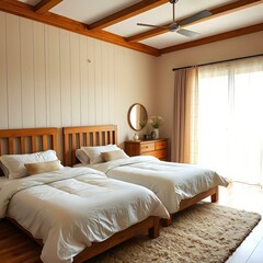 Affordable Bedroom with Two Beds and Wooden Dresser