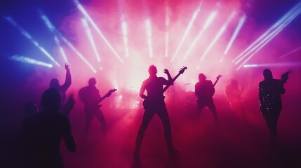84.Silhouettes of a music band performing on stage, each member captured in dynamic poses as they play to a lively crowd; the bright lights and singing audience add to the raw, immersive experience