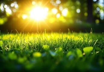 Obraz premium 緑の芝生と太陽の光のぼやけた背景
