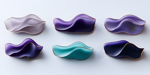 Six abstract wavy forms in pastel colors with gold accents, arranged on a white background.