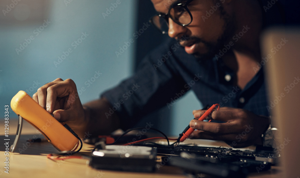 Aufkleber upgrade, technician and man with hardware, fixing and working late in office, service and specialist