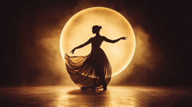 36.Elegant silhouette of a dancer frozen in motion on stage, backlit by a large circular light casting a warm glow; the contrasting shadows emphasize the grace and precision of each movement,