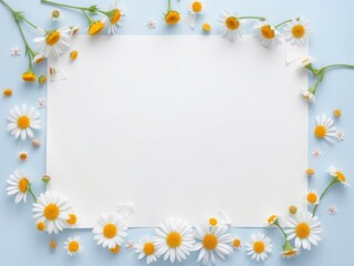 Floral frame of daisy blossoms on light blue paper background, light blue, blue, copy space