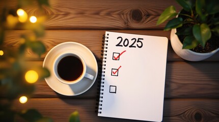 2025 New Year checklist with coffee and festive decorations on wooden table. Christmas and New Year holiday planning concept. Flat lay, top view with copy space