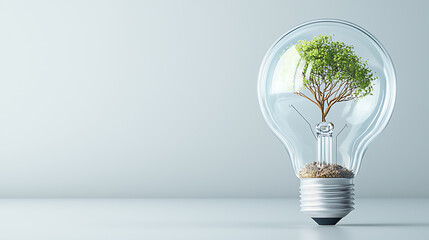 Sustainable innovation tree inside light bulb studio setting visual art minimalistic design eco-friendly concept
