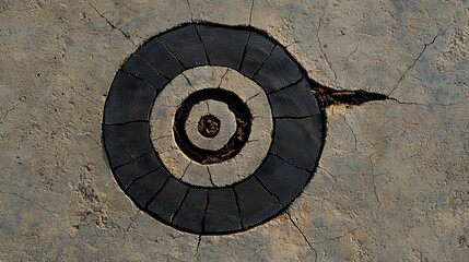 Circular wood inlay on cracked surface.