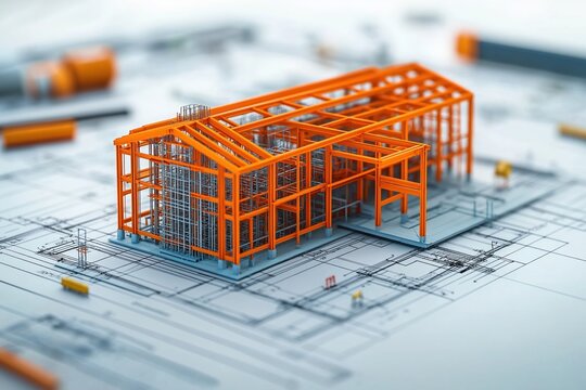 Technical design of industrial building steel frame. Beam connections, load calculations shown on architectural blueprints. Model of building structure on plans. Structural design project.