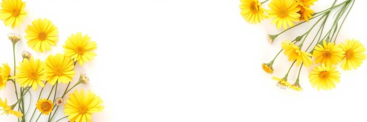 Frame of yellow and white flowers on a bright yellow background, with space for text in the middle, creating a vibrant spring theme, flowers, yellow, theme