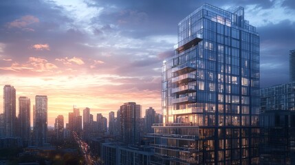 Obraz premium A high-rise building with glass curtain walls, designed by Big, featuring a human view, cloudy sky, and two-point perspective,,realistic, rendered, ultra clearï¼Œ4K,HD,Modern architecture,outdoors, 