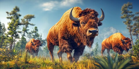 Majestic Bison Herd in Misty Morning Plains High Resolution Wildlife Photography