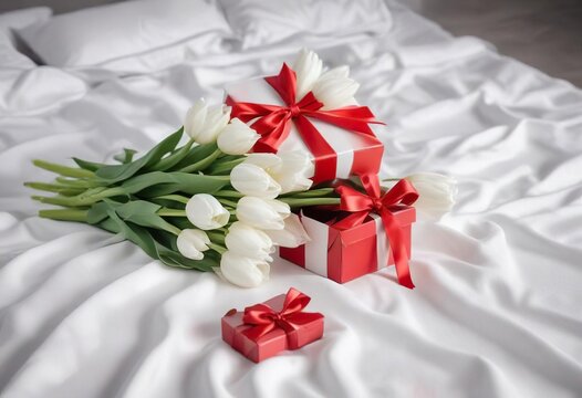 Fresh white tulips and festive red gift box on crisp white sheets, celebration, ribbon, special occasion, intimate