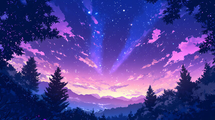 Naklejka premium A beautiful night sky with a purple and blue aurora. Aurorae. Illustration