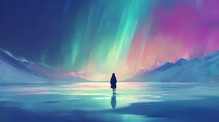 A person stands on a lake in front of a beautiful aurora. Aurorae. Illustration