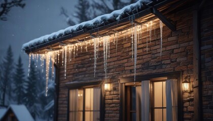 Obraz premium Sparkling icicles hanging from the roof of a house during snowfall, festive, winter wonderland, snowy roof