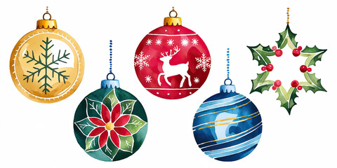 Festive Watercolor Christmas Ornaments Holly Holiday Decorations Baubles Xmas Winter Reindeer