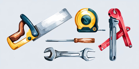 Hand painted Watercolor Tools Saw Wrench Tape Measure Screwdriver Pliers