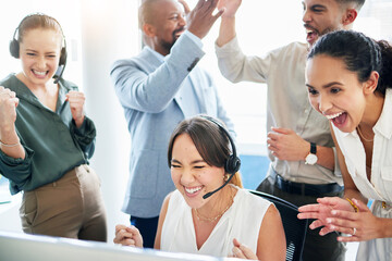 People, call center and team celebration for deal, sales success and negotiation goal. Excited...