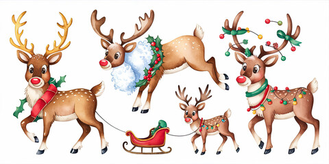 Fototapeta premium Adorable Christmas Reindeer Family Holly Lights Sleigh