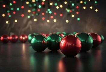 vibrant red and green sphere balls scattered on a velvet black surface amidst twinkling lights, abstract colorful sphere balls, vibrant red and green sphere balls