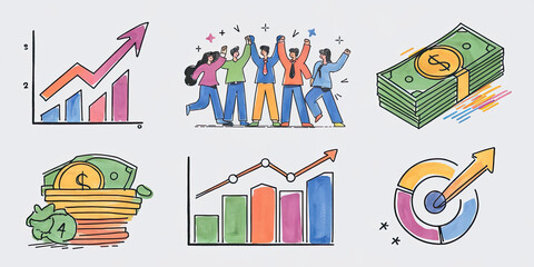 Hand drawn Business Growth Charts Teamwork and Money Illustrations