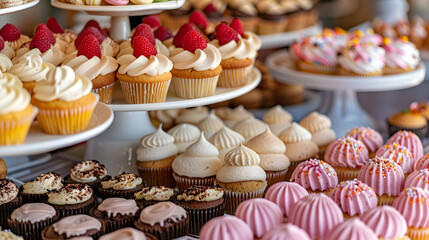 Decadent dessert table with cupcakes, macarons, and pastries for a celebration