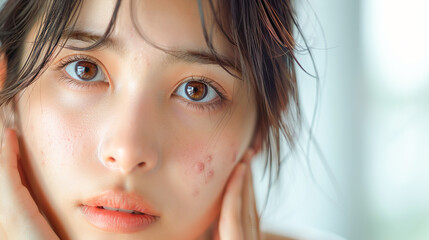 肌荒れを気にする若いアジア人女性の顔のクローズアップ