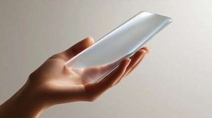 Transparent Smartphone in Hand Futuristic Technology Concept Minimalist Design Sleek Glass Device Modern Mobile Innovation