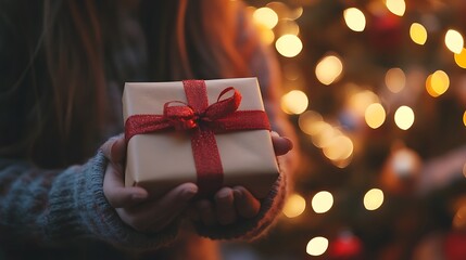 Close-up of hands holding a Christmas gift, bokeh lights in background.