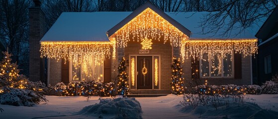 A house with a holiday light display featuring icicle lights hanging from the roof. The lights sparkle in the cold, Generative AI 