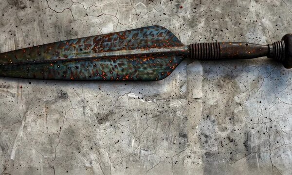 Antique iron spear with weathered blade on stone background