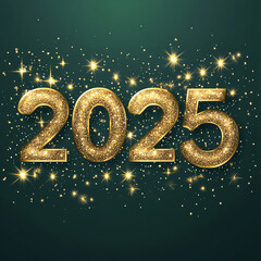 Hello 2025 greeting card design. Happy New Year 2025 text with realistic festive fireworks explosions isolated on green background. Congratulation banner Generative AI	
