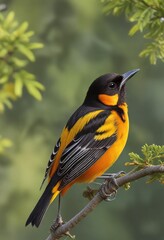 Fototapeta premium A Baltimore Oriole perched on a thin branch suspended in air, woodland scene, feathered friend, bird species