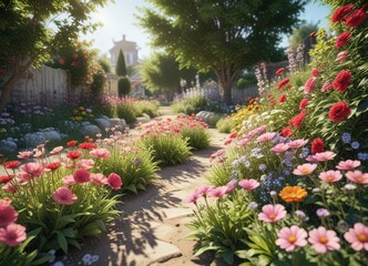 Obraz premium A beautiful, blooming flower garden on a sunny day, floral arrangement, , natural beauty