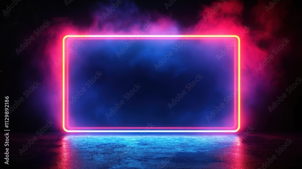 Poster neon rectangle frame glows brightly on dark background. futuristic poster game interface design with