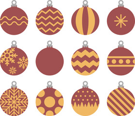 A set of red and gold decorative Christmas tree ornaments.