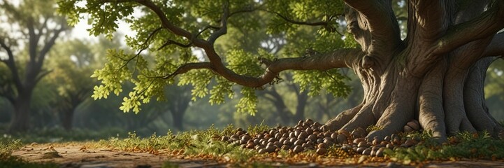 Fototapeta premium A branch of a mature oak tree is covered with acorns and green oak leaves, woodlands, tree branches