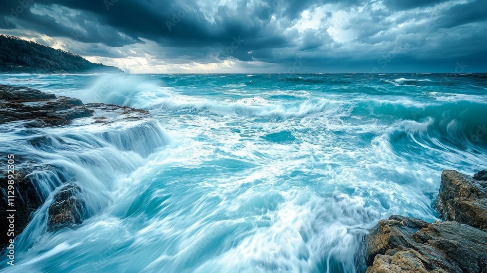 Aufkleber turquoise waves crash powerfully against a rugged coastline, sending sprays high into the air. omino