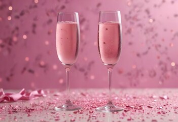 A glamorous champagne flute surrounded by pink glittering confetti,  sparkling,  luxury,  event