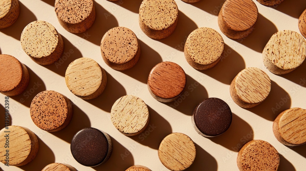 Poster Close attention to detail reveals a captivating layout of wooden disks, each unique in hue and texture, illuminated by gentle sunlight, creating striking shadow patterns