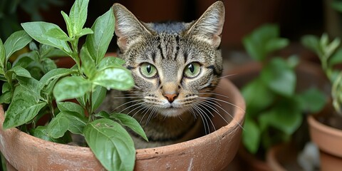 Plakat Adorable Tabby Cat Hiding in Potted Plant Home Pets Animals