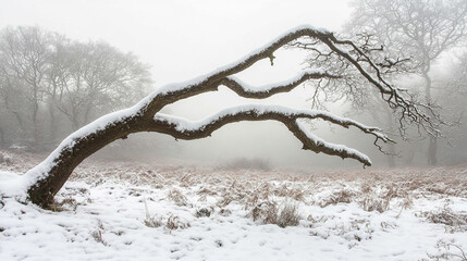 Snow-covered tree in a misty winter landscape during Christmas season