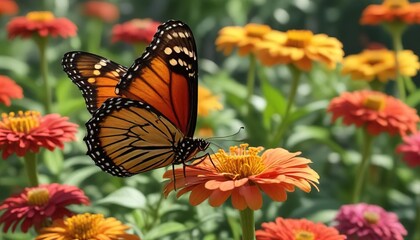Fototapeta premium A monarch butterfly rests on top of a zinnia flower in a warm and sunny summer garden, insects, outdoor, monarch butterfly